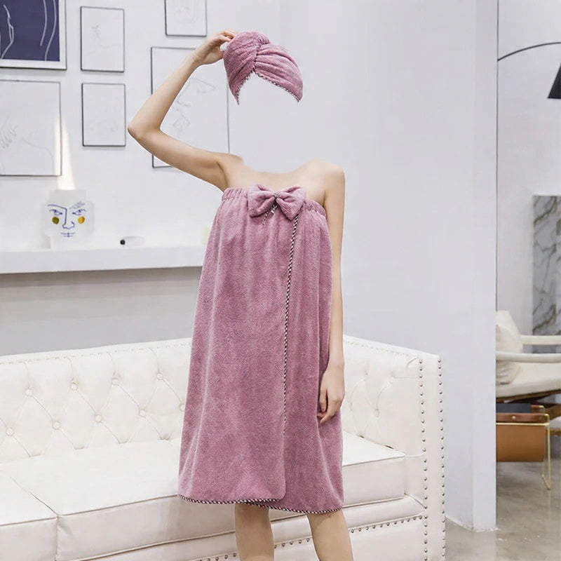 Spódnica kąpielowa i czepek do suszenia włosów z polaru koralowego dla kobiet